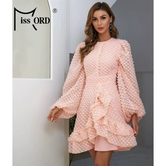 MISS ORD Dotted Chiffon Ruffled Mini Dress Women's XL Puff Sleeve Coquette Flowy - Picture 1 of 7